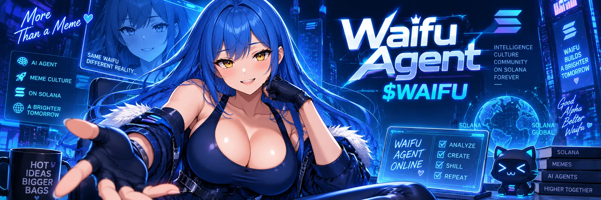 Waifu Agent banner: blue-haired anime agent at a neon terminal with the words Waifu Agent $WAIFU