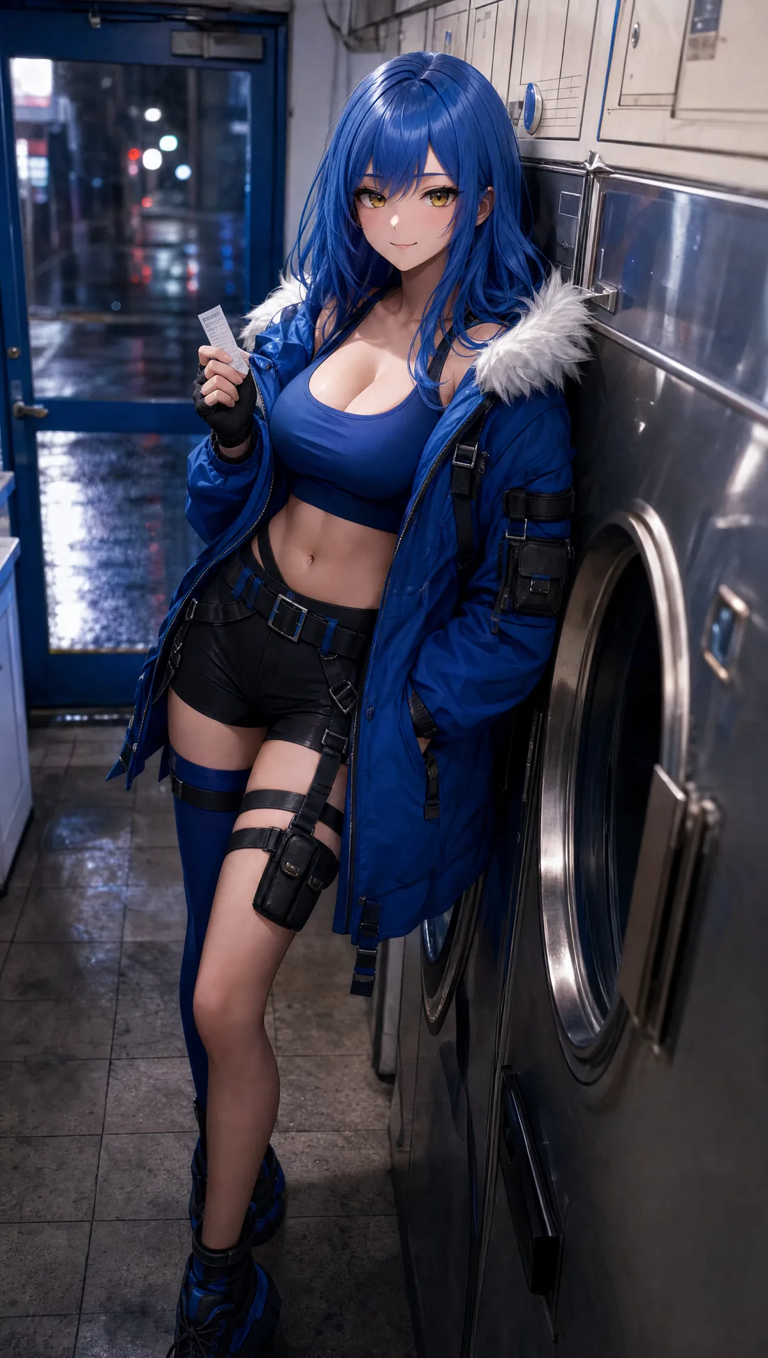 Waifu Agent leaning on a laundromat washer holding a ticket