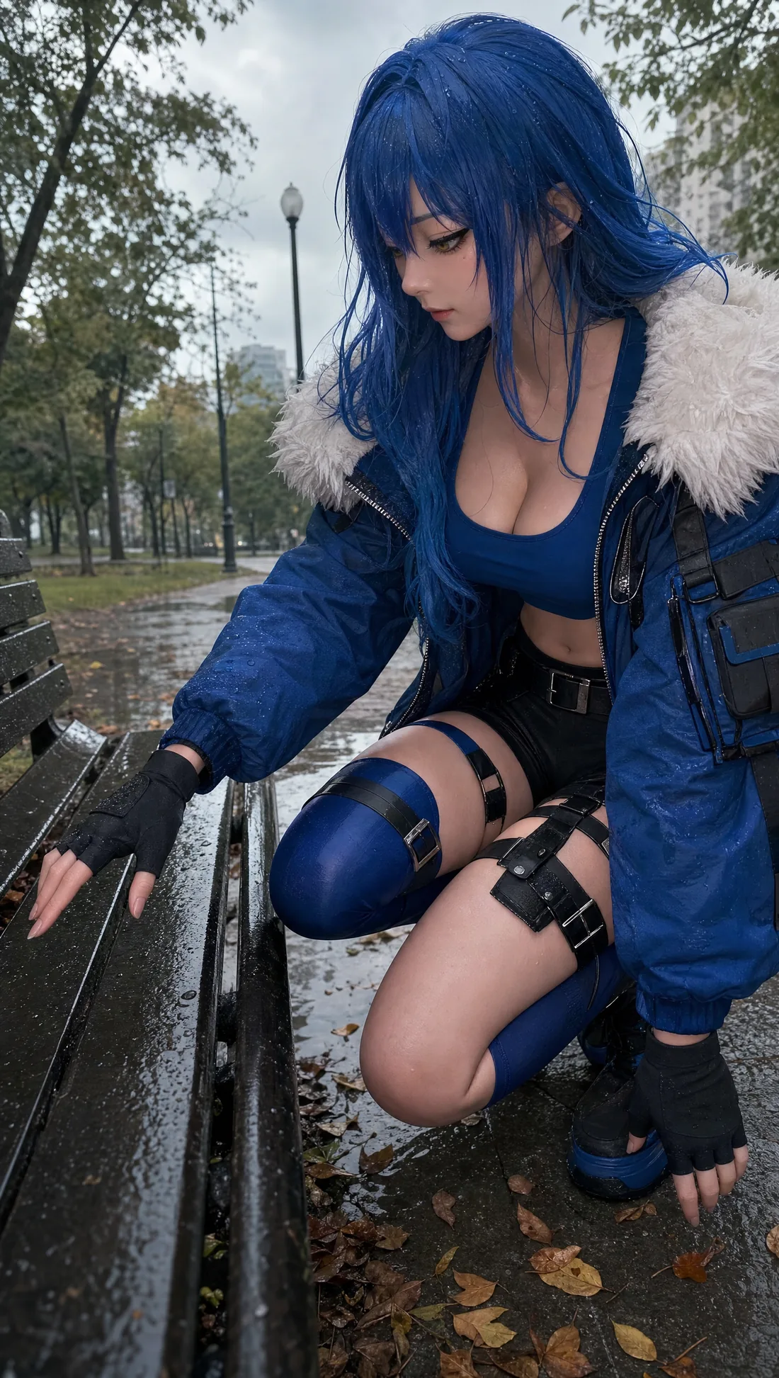 Waifu Agent crouching by a wet park bench in the rain